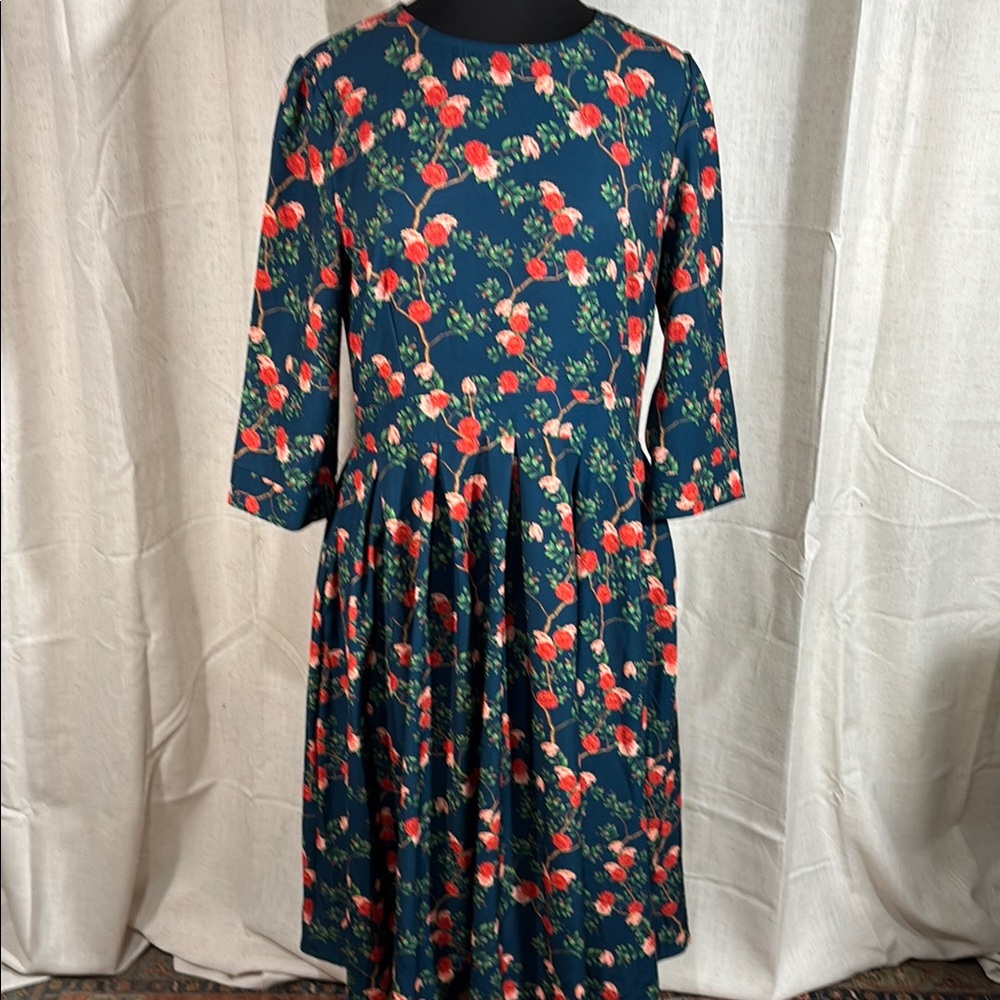 Blue Floral Print Dress with Red and Green Accents